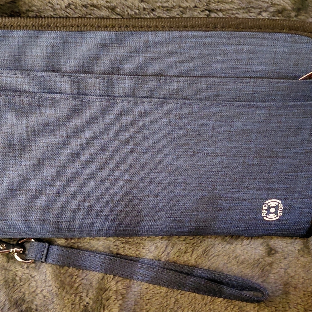Unisex RFID Safe Blue Family Passport Wallet W/strap & Multiple Compartments.